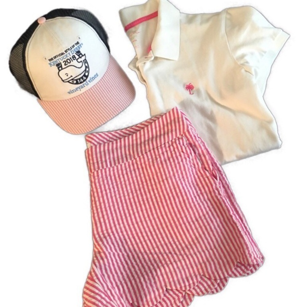 Lilly Pulitzer White Polo Shirt Pink Palm Tree Top